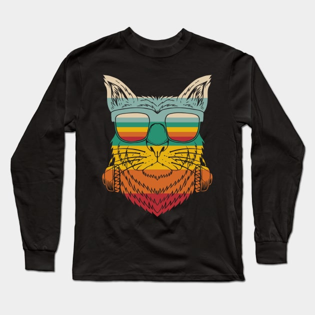 Retro Cat With Glasses Long Sleeve T-Shirt by Dojaja